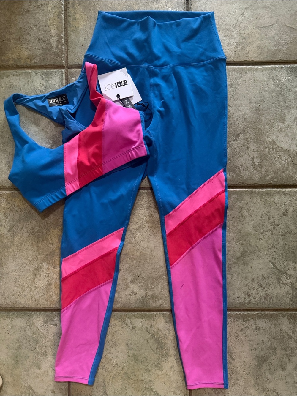 Beach Riot Teal Leggings with Pink & Red Diagonal Panels